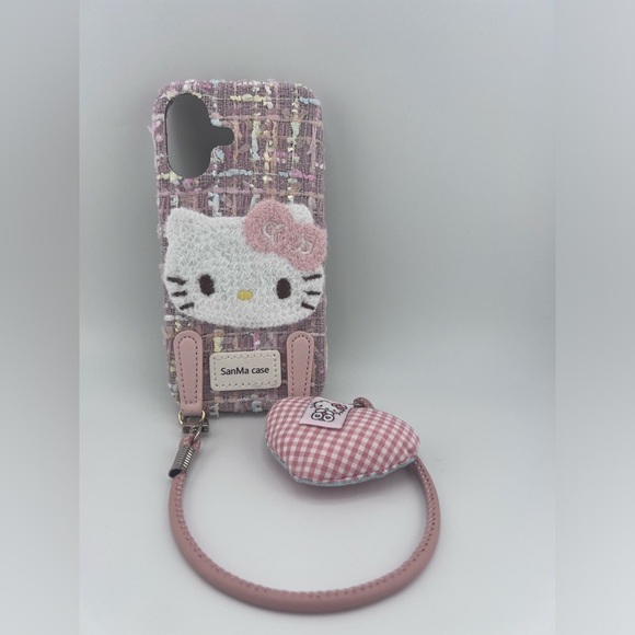 iPhone 16 Case – Pink Tweed Hello Kitty Style with Strap Hooks,Cute & Stylish - Picture 4 of 5